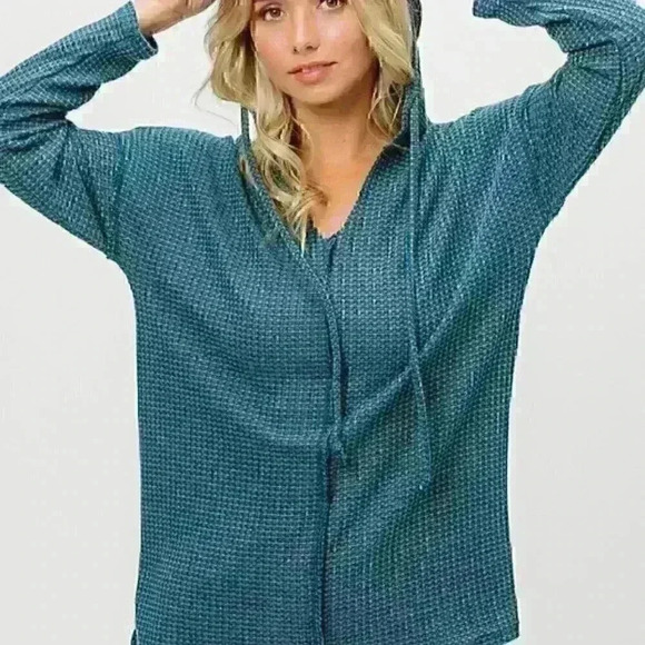 Dark Teal V-Neck Waffle Knit Hoodie Top - Picture 4 of 4